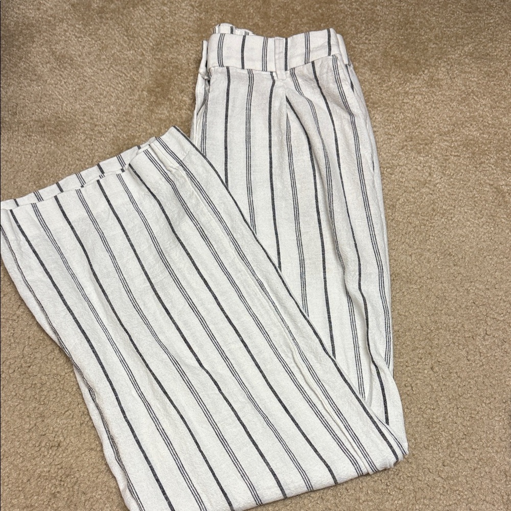 Striped White and Black Linen Straight Leg Pants